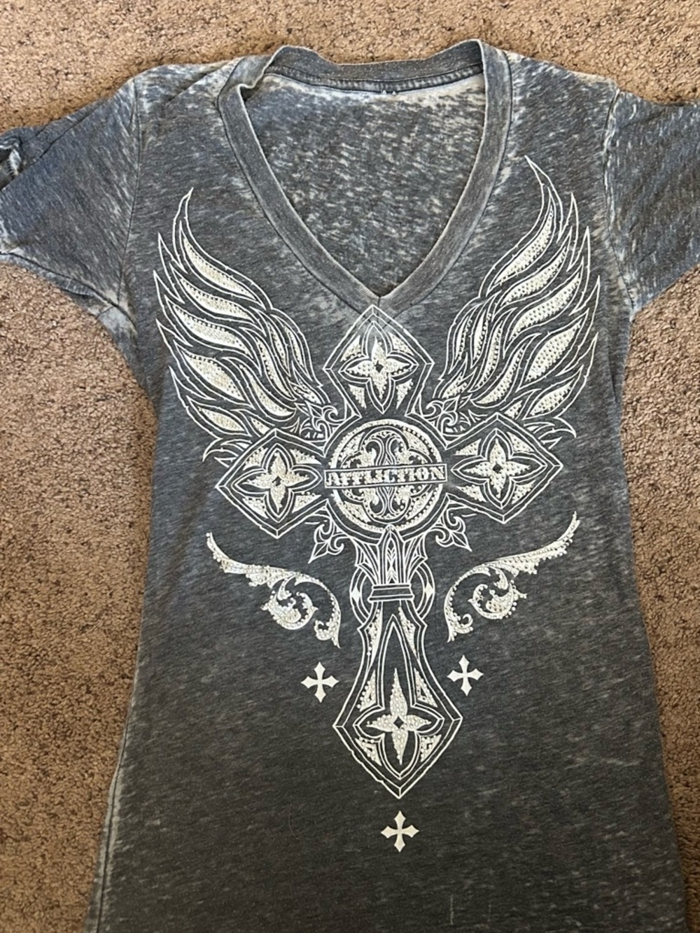 Affliction Women's Charcoal Gray V-Neck Graphic Tee with White Winged Cross